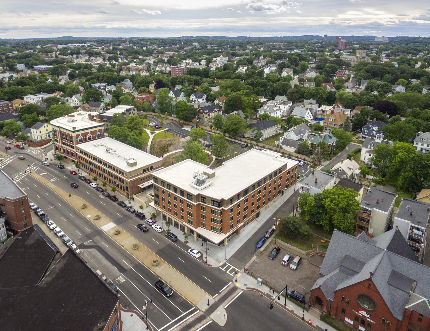 Upham’s Crossing Boston Aerial view of Upham's Crossing development in Boston Church affordable housing project